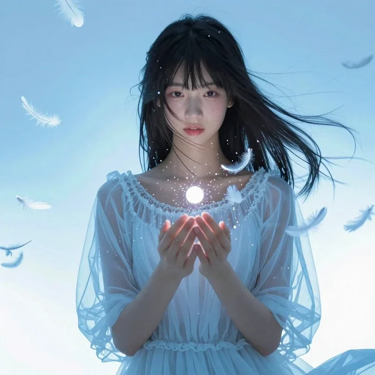 白い光の粒子と羽根