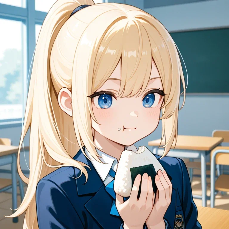 教室でおにぎりを食べる女の子