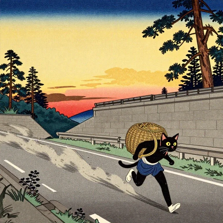 江戸時代の東海道でかごを背負った黒猫と飛脚が競争している (自動プロンプト)