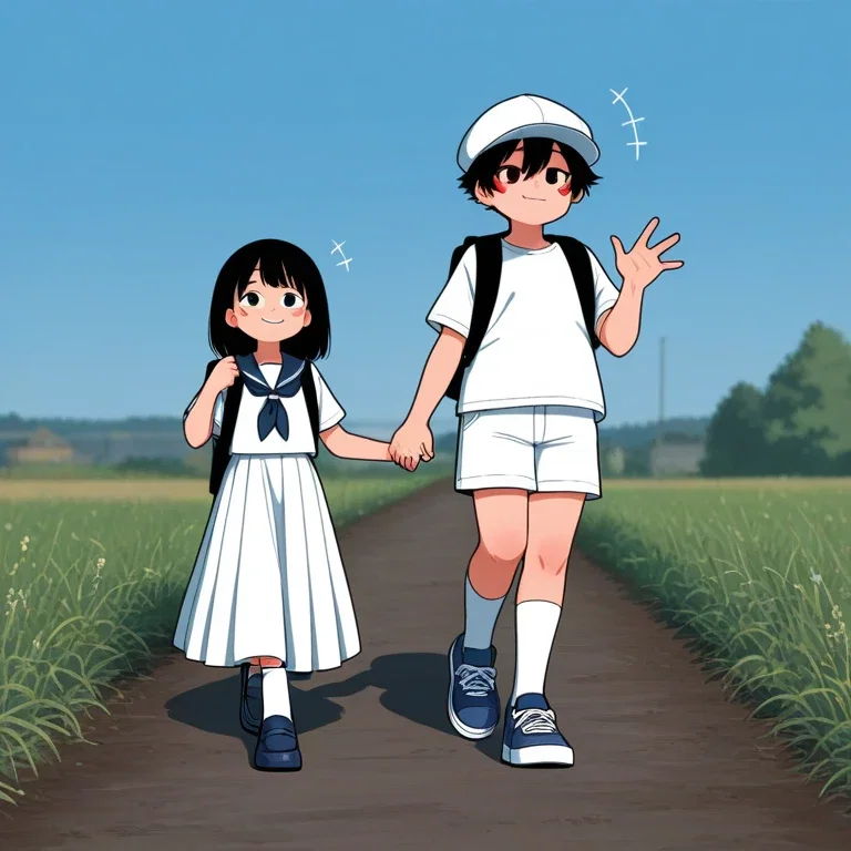 田舎道の兄妹