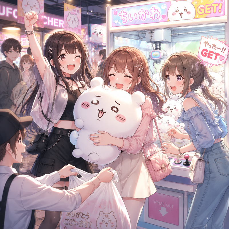 クレーンゲームでちいかわをゲットした女の子たち