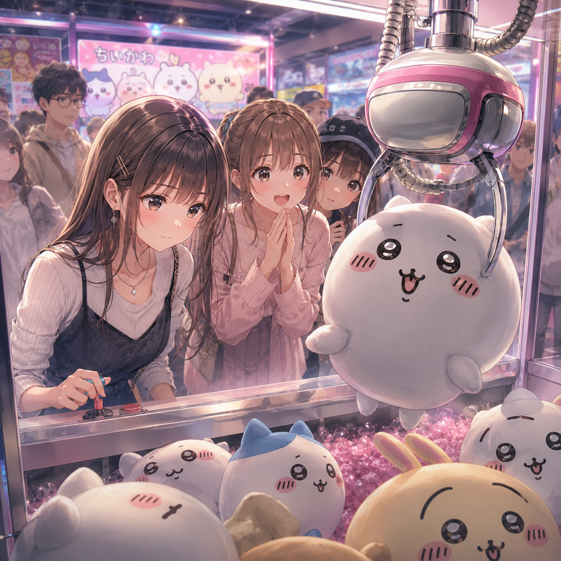 クレーンゲームでちいかわを狙う女の子たち