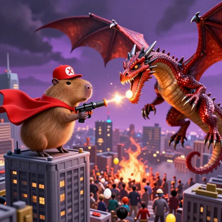 A heroic capybara confronting a hellish dragon