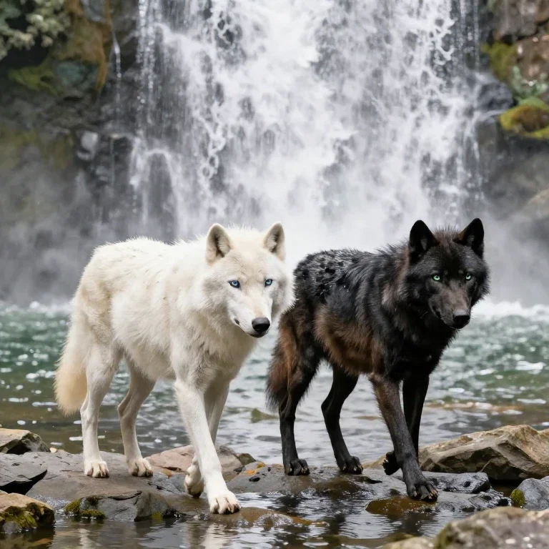 Two wolfs in front of water