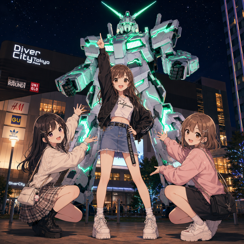 お台場でユニコーンガンダムと記念撮影する女の子たち