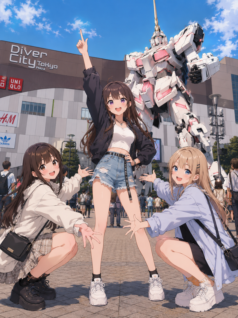 お台場でユニコーンガンダムと記念撮影する女の子たち