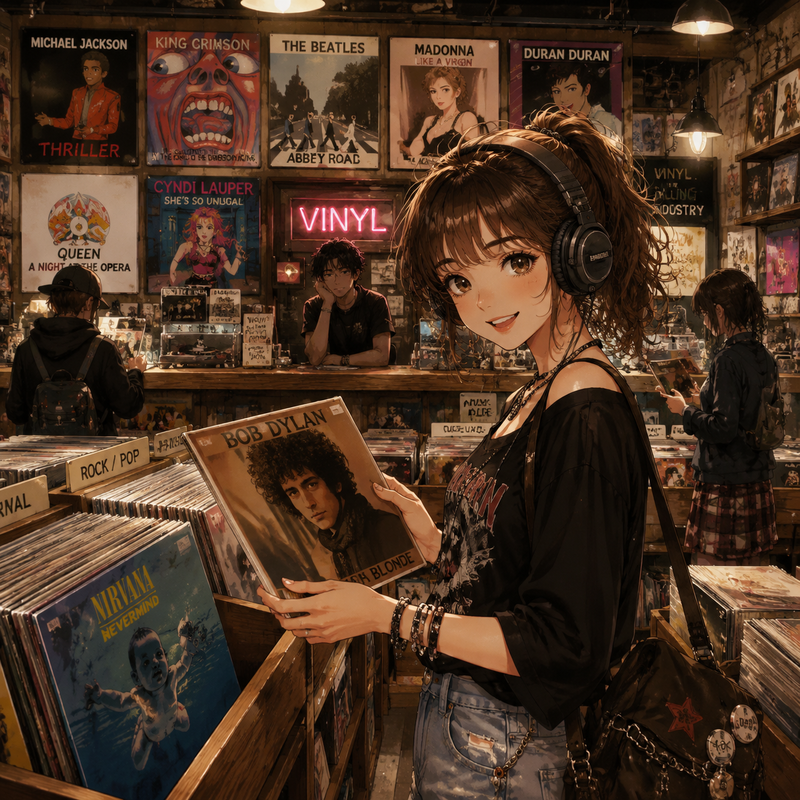 中古レコード屋で昔の洋楽レコードを漁る女の子