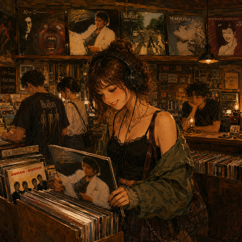 中古レコード屋で昔の洋楽レコードを漁る女の子