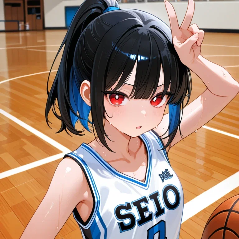 練習中にピースする女の子