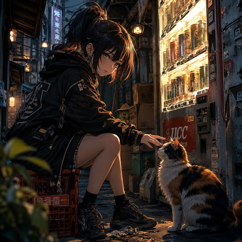 裏通り・自販機前の猫と女の子