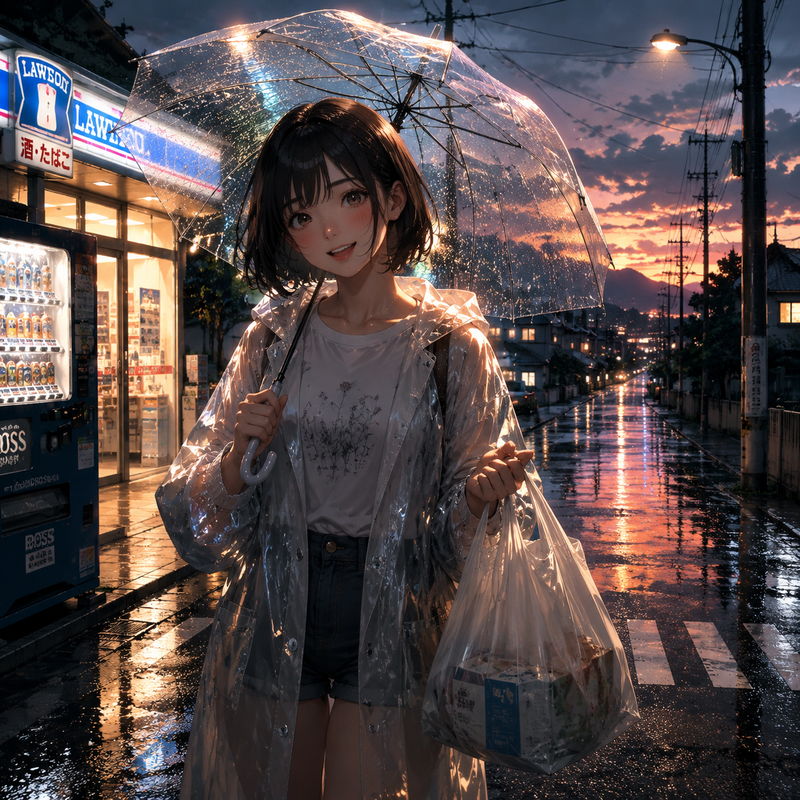 雨の中、合羽を着てコンビニで買いものする女の子