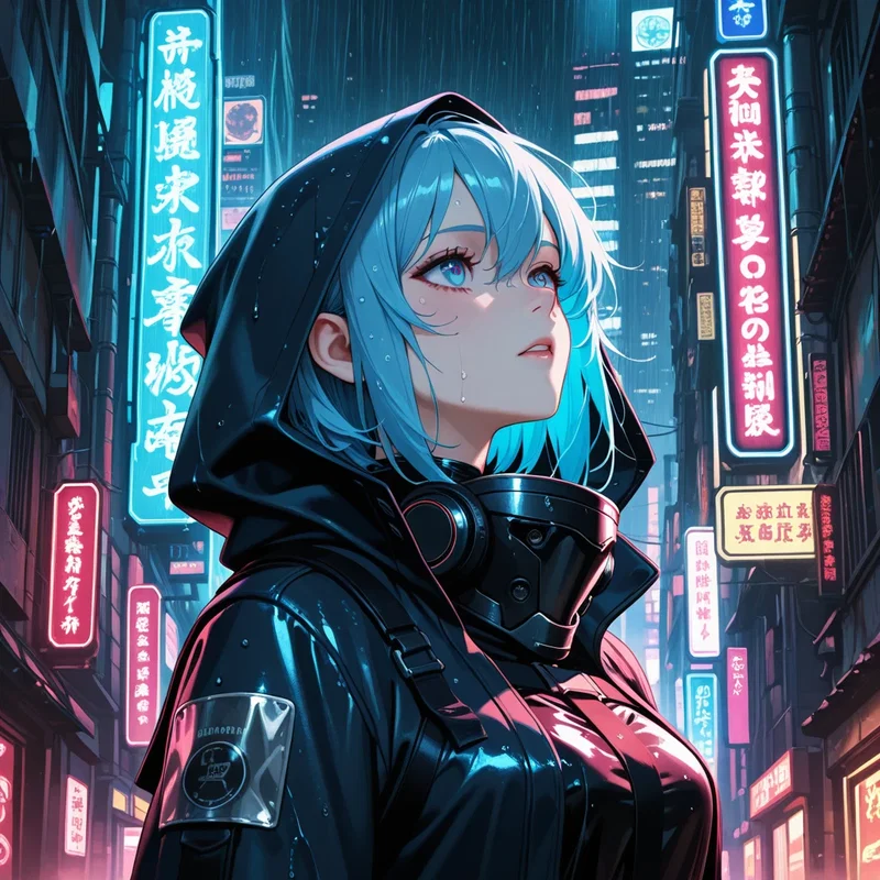 雨のサイバーパンク少女