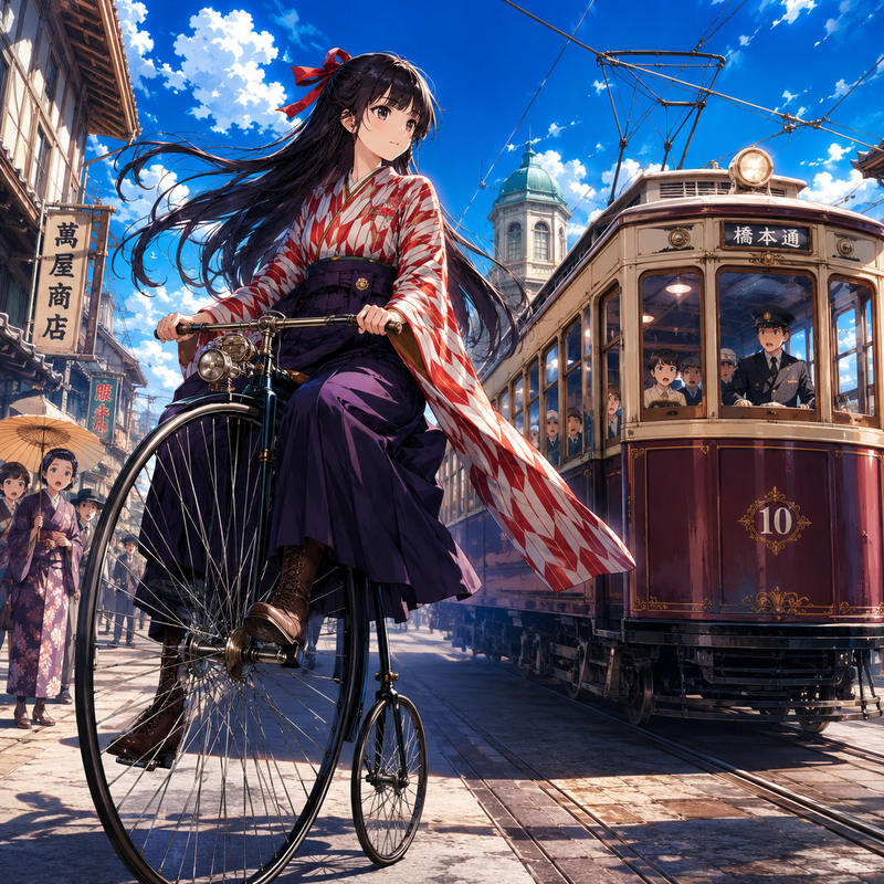 ペニーファージングに乗る大正娘
