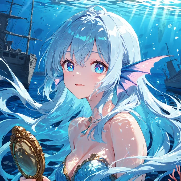 沈没船から手鏡を見つけた人魚