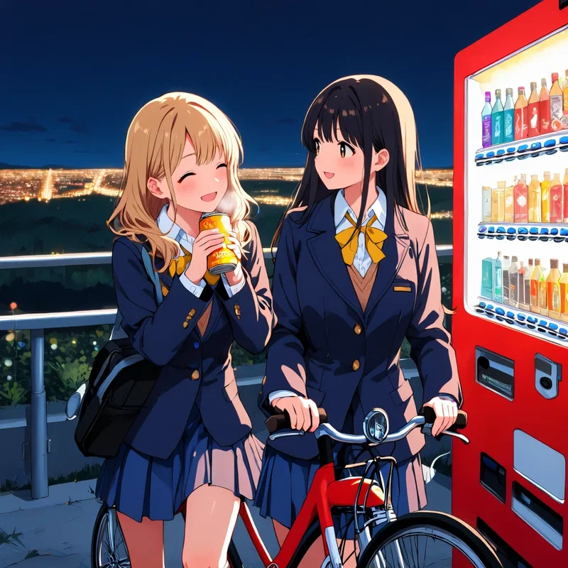 帰り道の高台から見下ろす夜景と自販機
