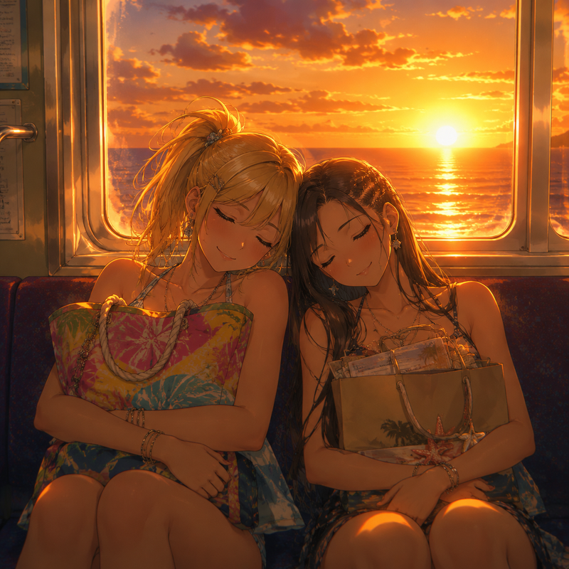 海で遊んだ帰りの電車の中で疲れて眠ってしまったギャル二人