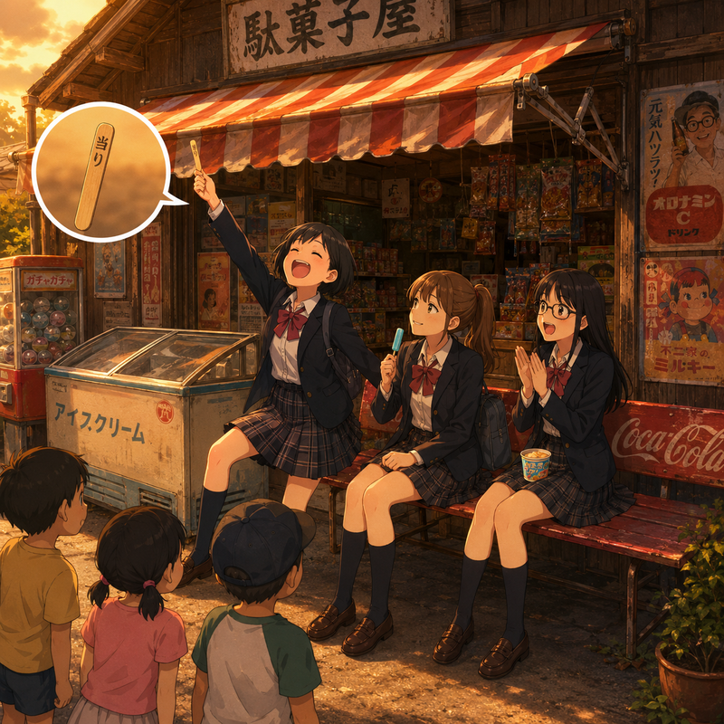 駄菓子屋でアイスを食べてる女子校生3人組