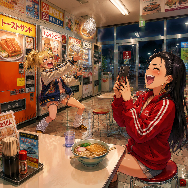 昭和のレトロ自販機のあるサービスエリアで食事するギャル二人