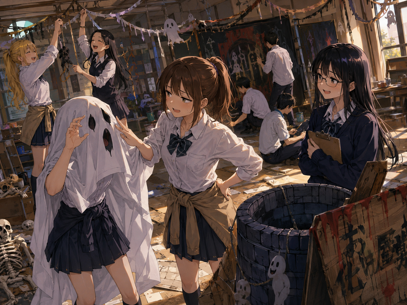 文化祭でやるお化け屋敷を準備中の少女たち