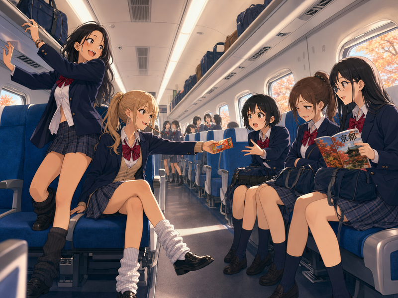 修学旅行に行くギャル組と真面目組の女の子たち