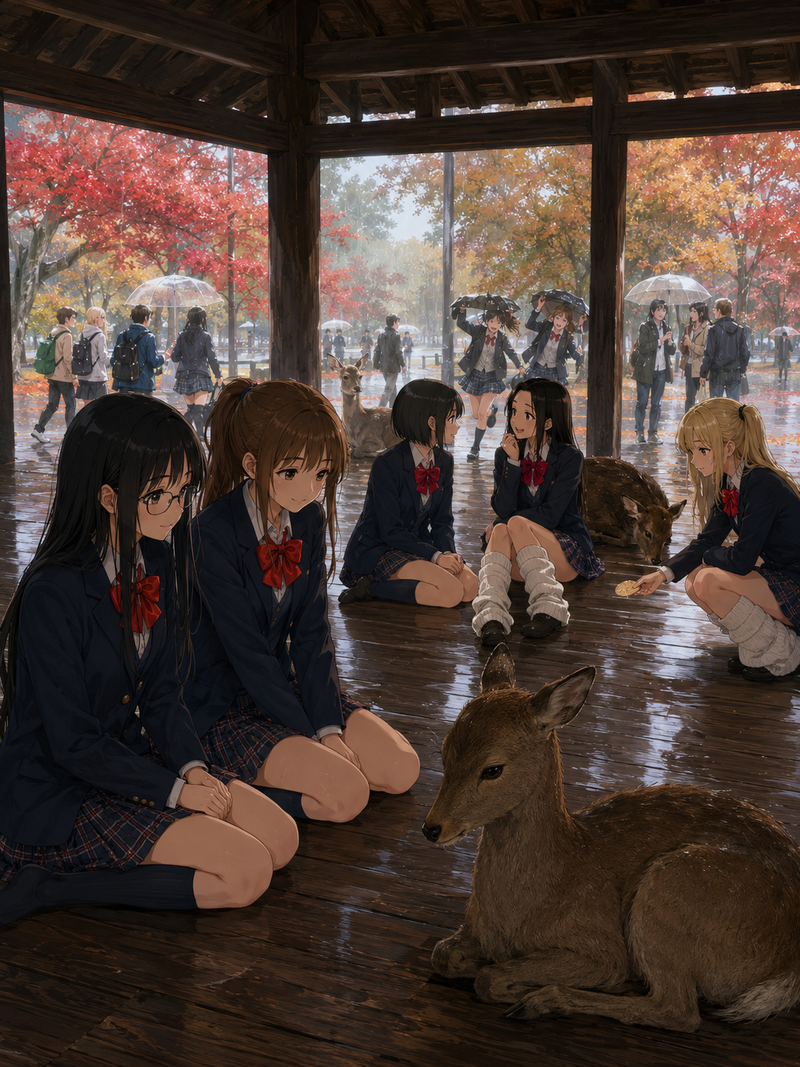 修学旅行・奈良公園で雨宿りのギャル組と真面目組の女の子たち