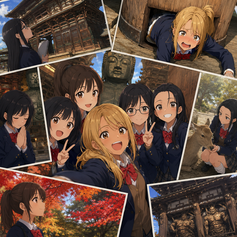 修学旅行・東大寺大仏殿のギャル組と真面目組の女の子たち