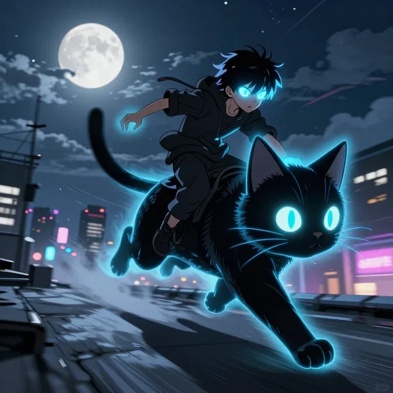 (自動)超能力少年を乗せて走っている大きな黒猫