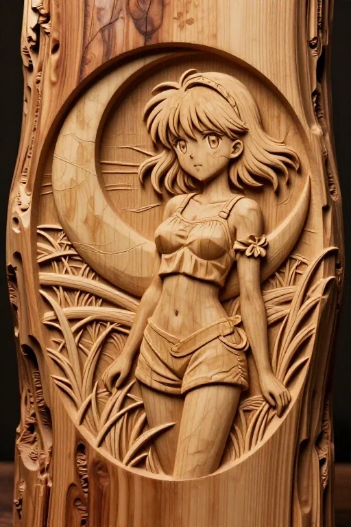 アニメ風の木工彫刻