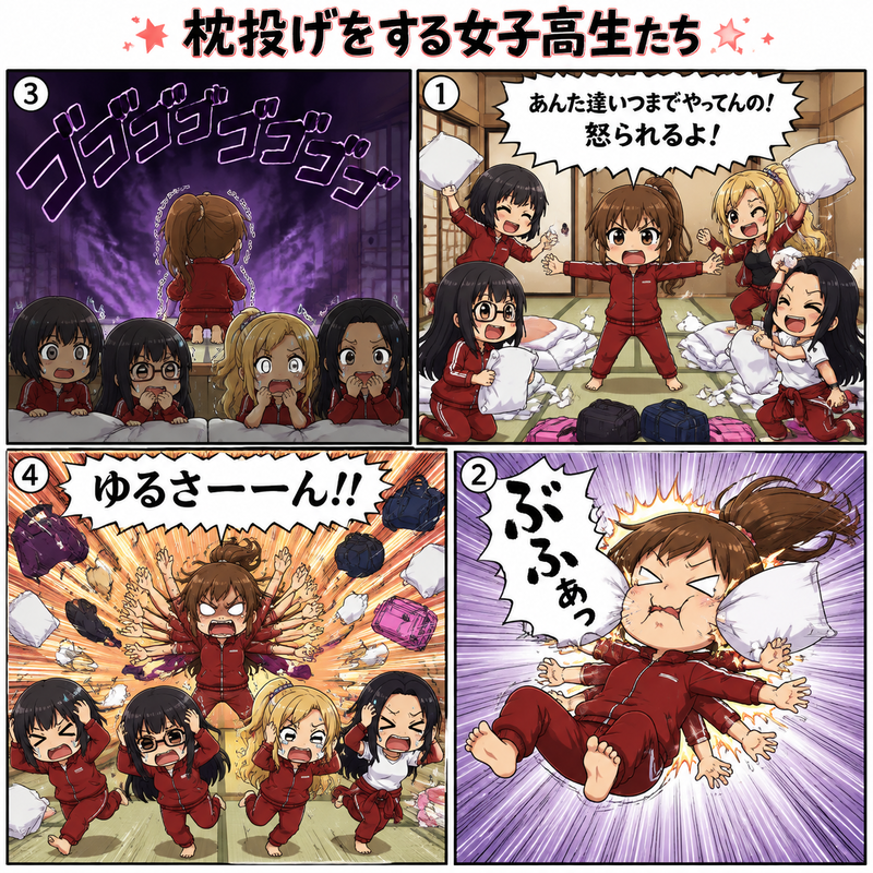 修学旅行・枕投げをするギャル組と真面目組の女の子たち