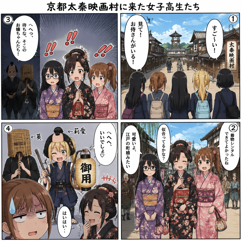 修学旅行・京都太秦映画村に来た真面目組とギャル組