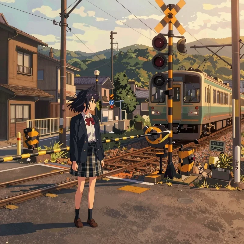 電車と踏切と少女