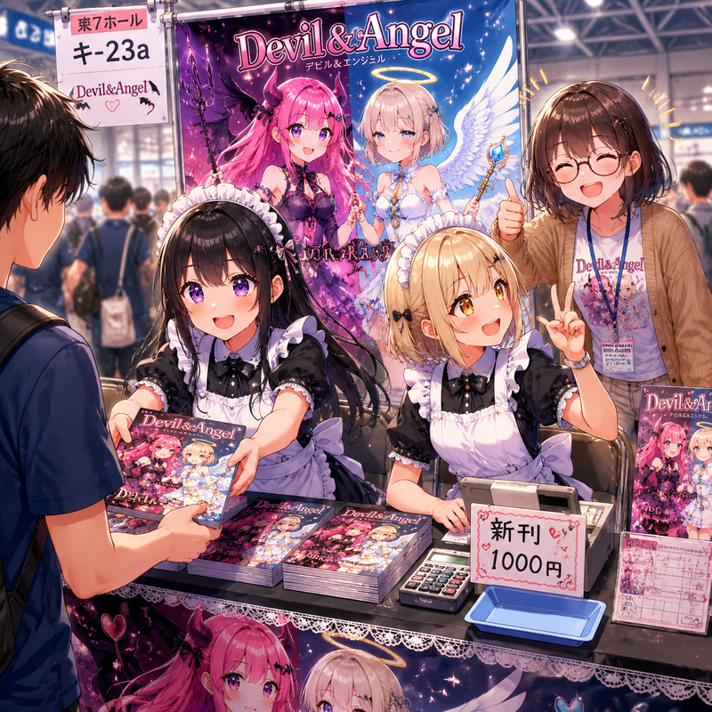 コミケ会場、天使と悪魔の同人誌販売