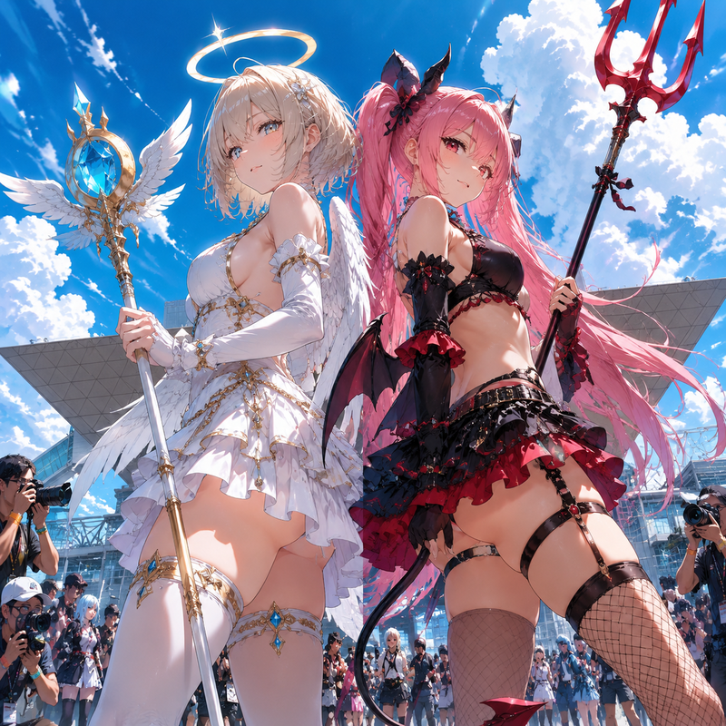 コミケ会場、天使と悪魔のコスプレガール