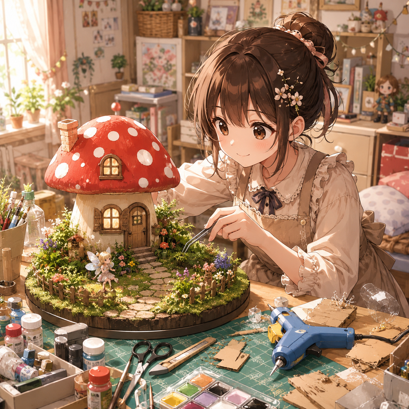 キノコの家のジオラマを制作する女の子