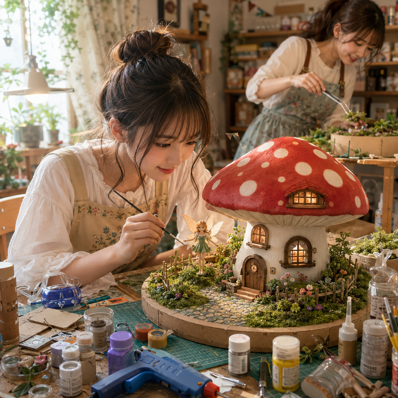 キノコの家のジオラマを制作する女の子キノコの家たち