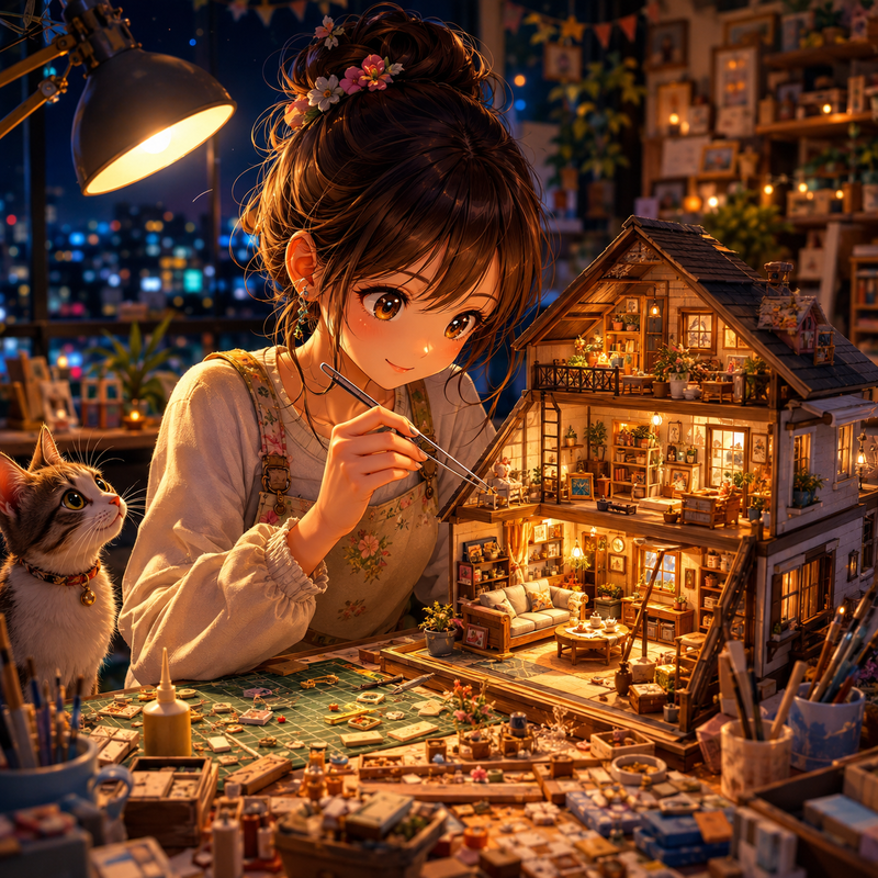 ドールハウスを製作する女の子