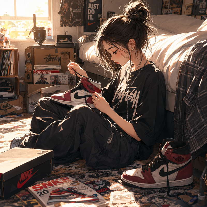 スニーカーの紐通しをするストリート系の女の子