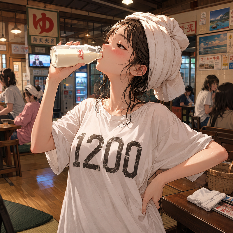 銭湯で牛乳を飲む少女