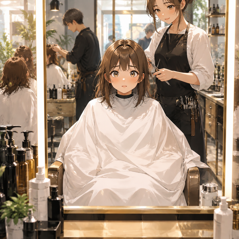 初めてオシャレな美容院にきて緊張しまくっている女子校生