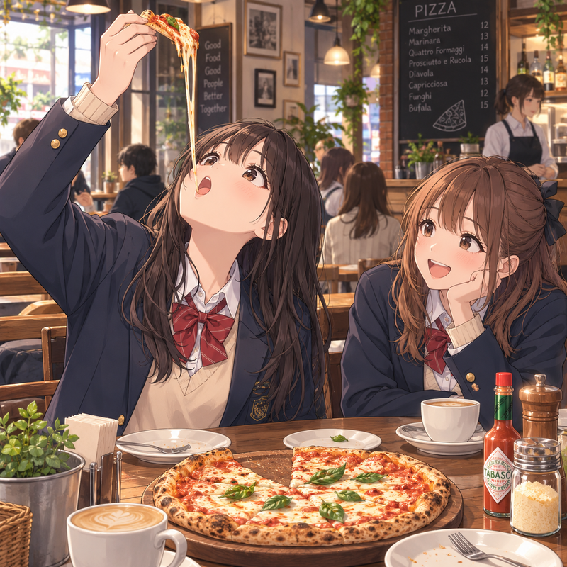 イタリアンカフェでピザを食べてる女子校生たち