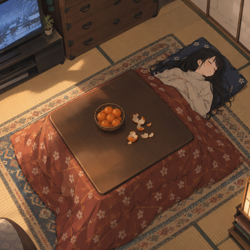 こたつで寝る女の子