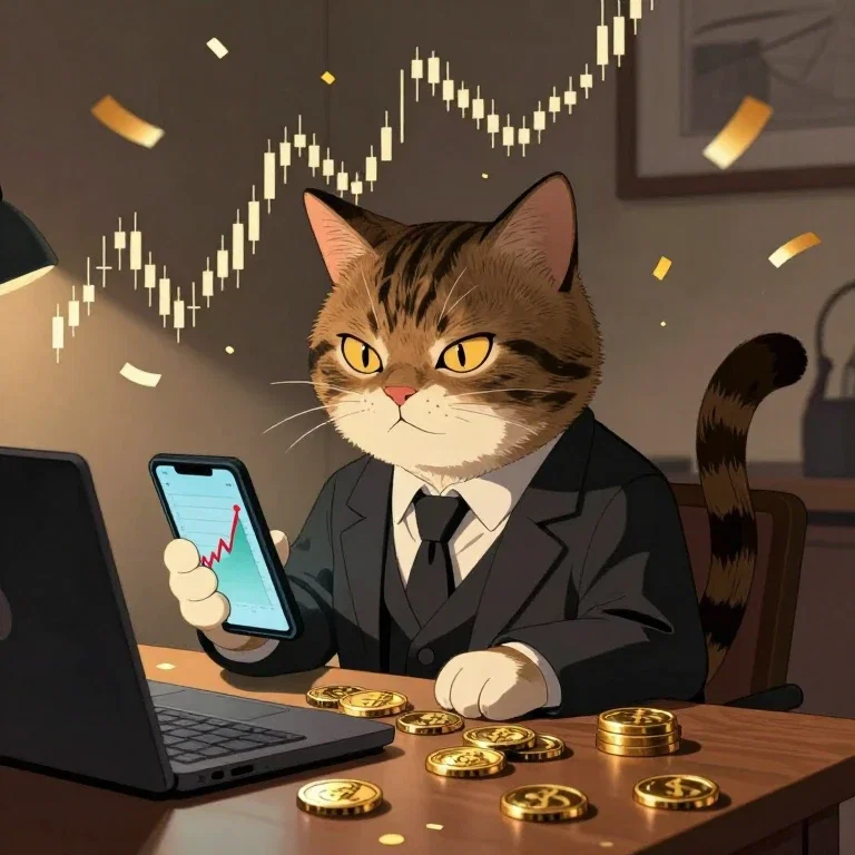 (自動)株価上昇で笑う株を持っているキジトラ猫