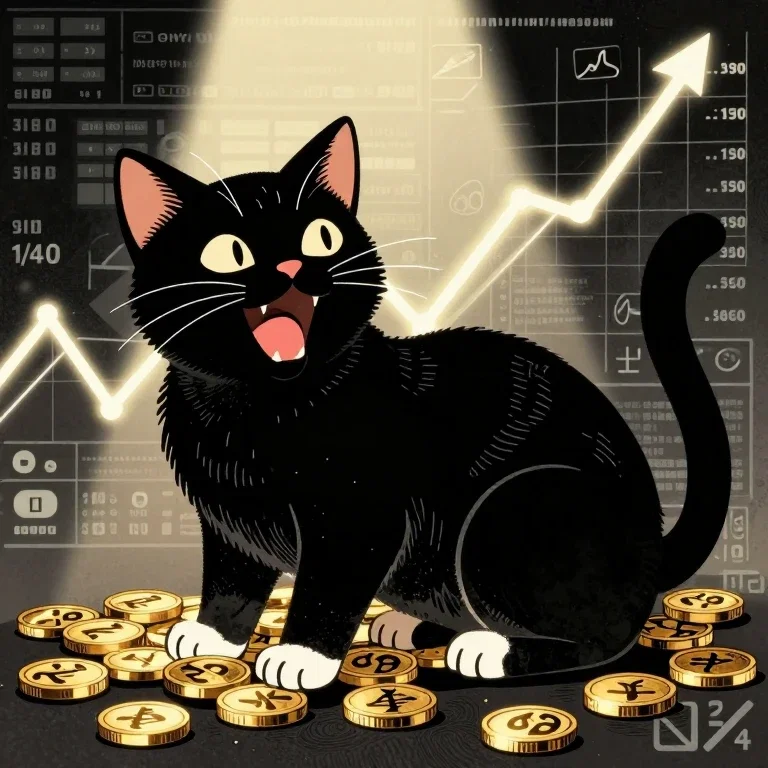 (自動)金利上昇で笑う小判を持っている黒猫