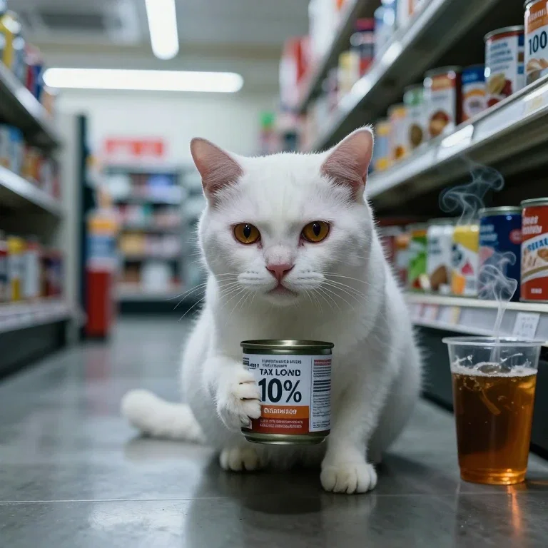 (自動)猫缶の消費税率が10%のままに落胆する白猫