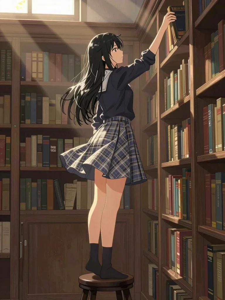 図書館の高いところにある本を台を使って取る女の子