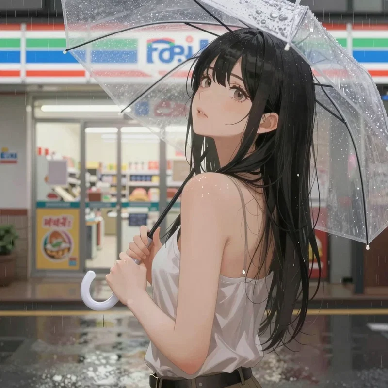 雨の中コンビニに買い物に来た女の子