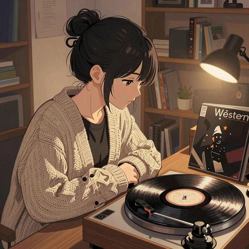 レコードプレーヤーで音楽を聴く女の子