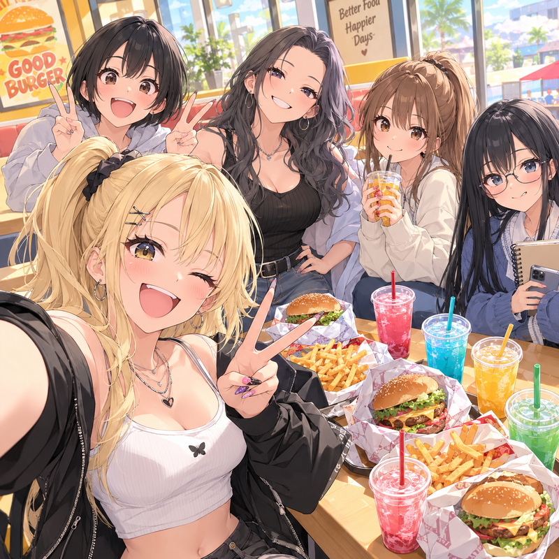 ハンバーガー屋さんで楽しく自撮りをして盛り上がっているいつもの5人