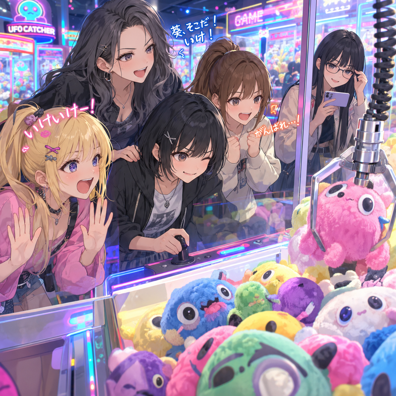 ゲームセンターのクレーンゲームでキモカワぬいぐるみをゲットしようとするいつもの5人