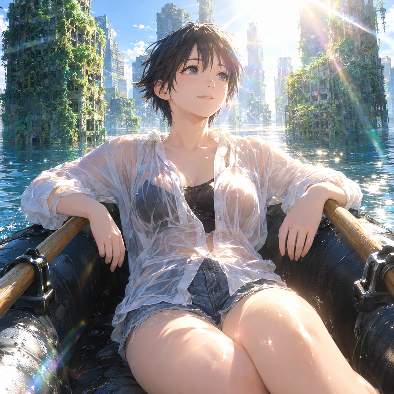 水没した都市をゴムボートで巡る少女